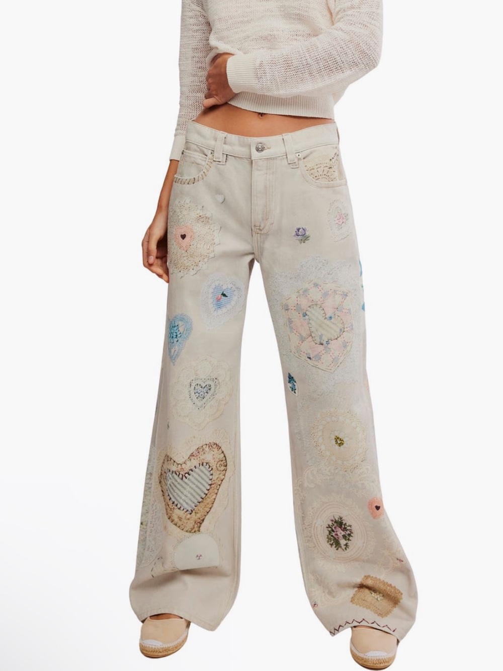 NWT 💘 Free People Cream Wide-Leg Jeans with Pastel Heart Embroidery Size 27